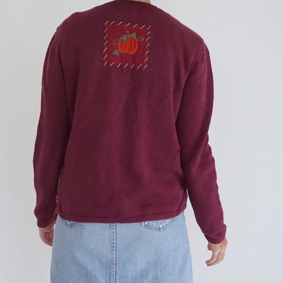Croft & Barrow Burgundy Patchwork Pumpkin Birdhouse Cardigan Holiday Harvest S - Picture 2 of 9